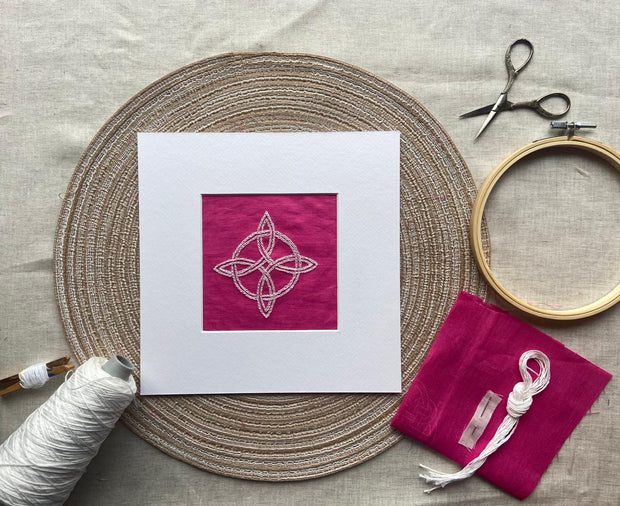 Celtic Compass Knot DIY Embroidery Kit - Hand Stitch Pattern on Pink Irish Linen