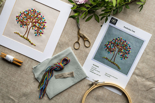 Positivity Tree Embroidery Kit on Irish Linen