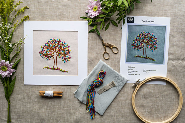 Positivity Tree Embroidery Kit on Irish Linen