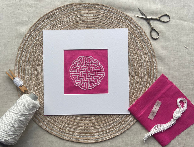 Celtic Dara Knot DIY Embroidery Kit - Hand Stitch Pattern on Pink Irish Linen