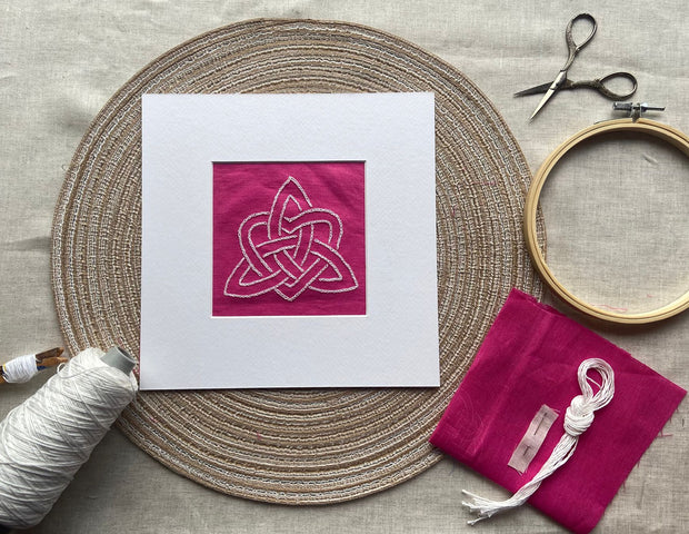 Celtic Trinity Knot DIY Embroidery Kit - Hand Stitch Pattern on Pink Irish Linen
