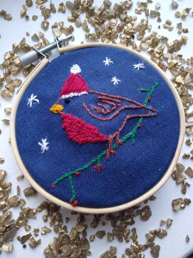Christmas Mini Embroidery Kit - Robin on Irish Linen
