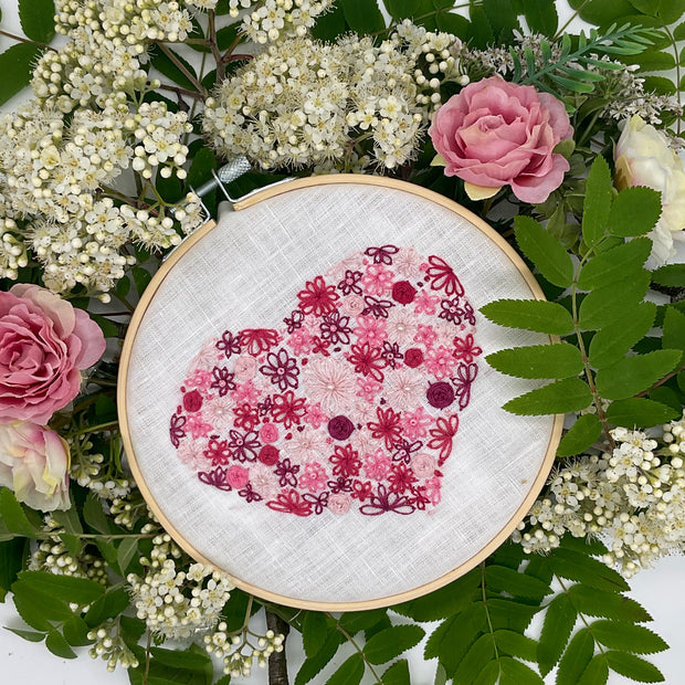 Pink heart embroidery in a 6" embroidery hoop