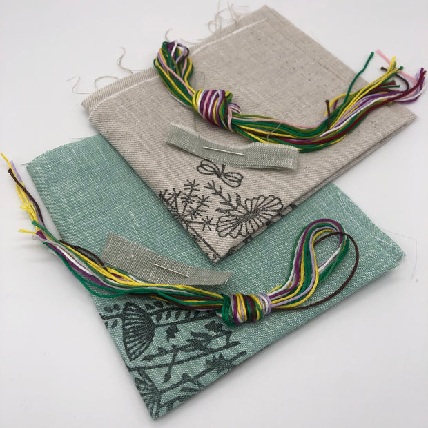 Wild Flower Bundle - 2 x Irish Linen Stamped Embroidery Kit - 1 On Natural Linen & 1 On Green Linen With 6" Hoop