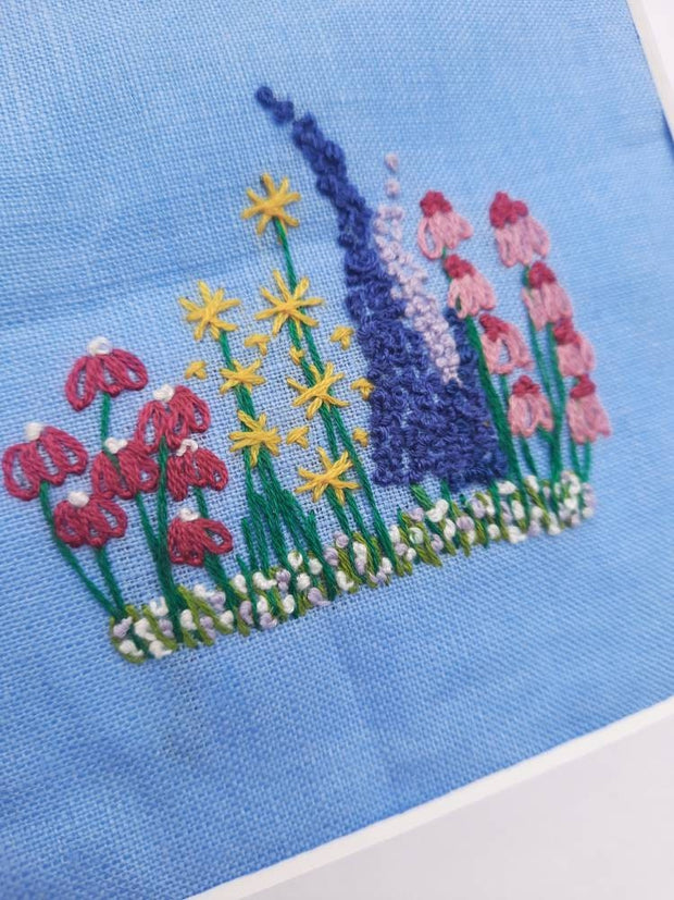 Framed Embroidery Hand Stitched On Irish Linen - Country Garden