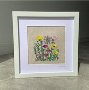 Framed Embroidery Hand Stitched On Irish Linen - Wild Flower Meadow