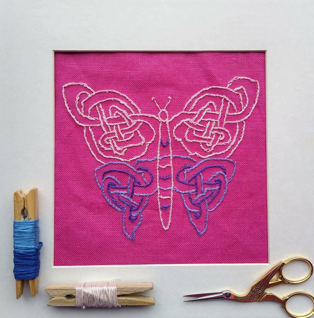 Butterfly Pattern Embroidery Kit On Pink Linen